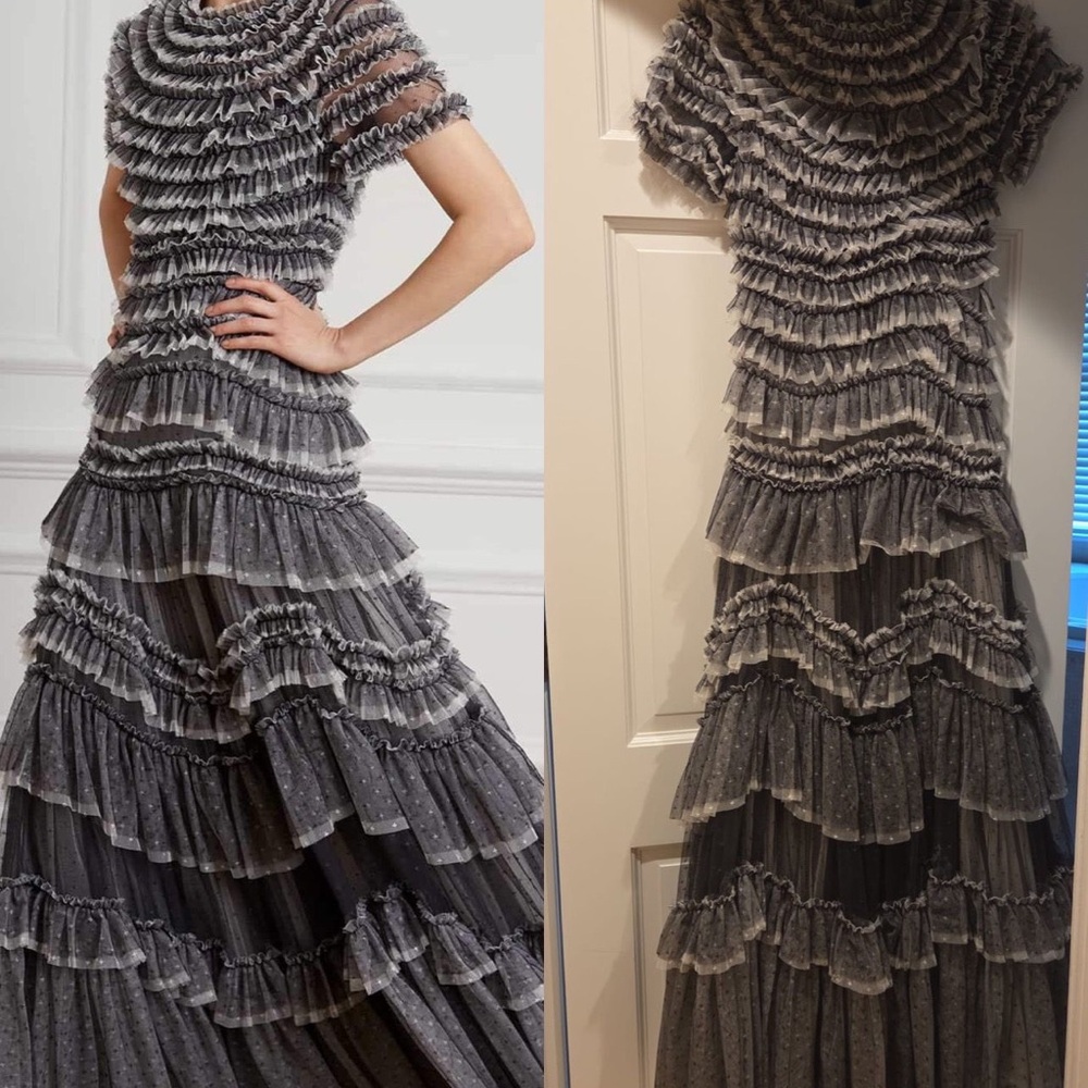 Needle & Thread Gray Ruffled Tiered Maxi Gown